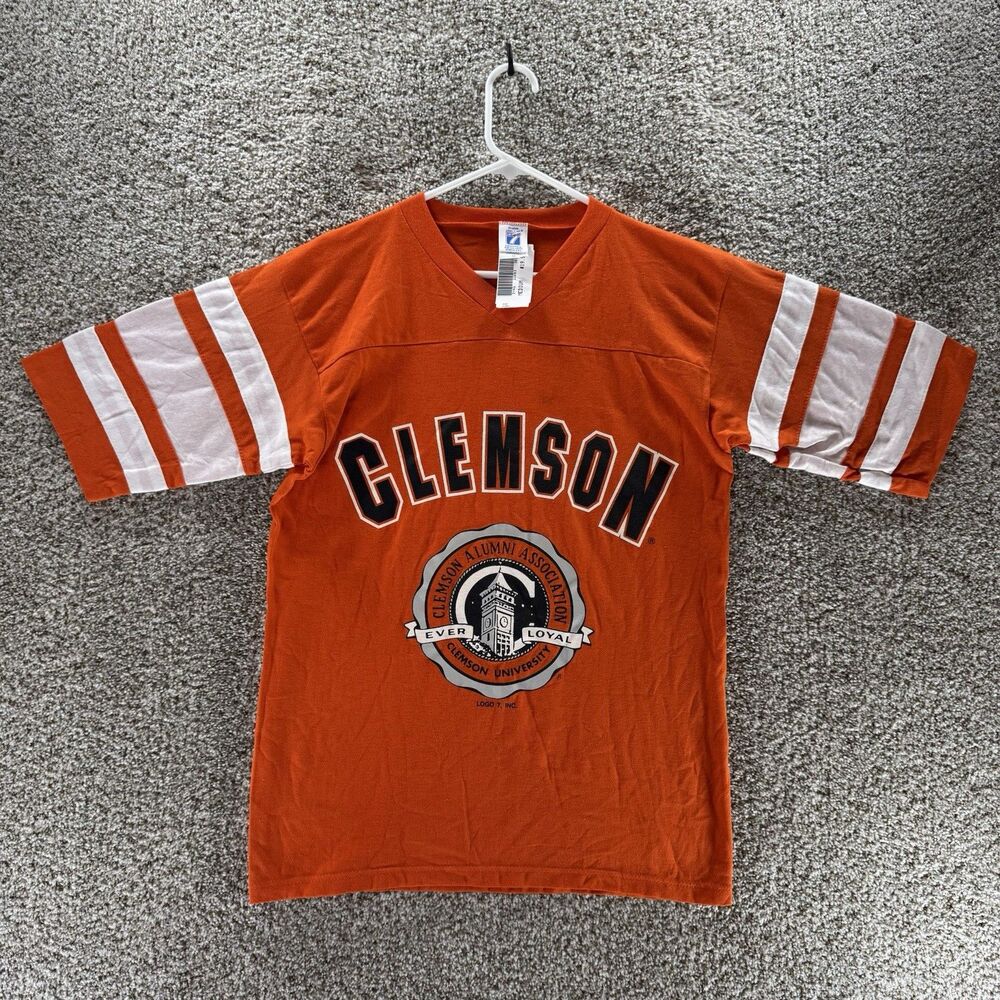 Vintage 80s Clemson Tigers Shirt Mens Medium‎ Orange Logo 7 Raglin Deadstock USA